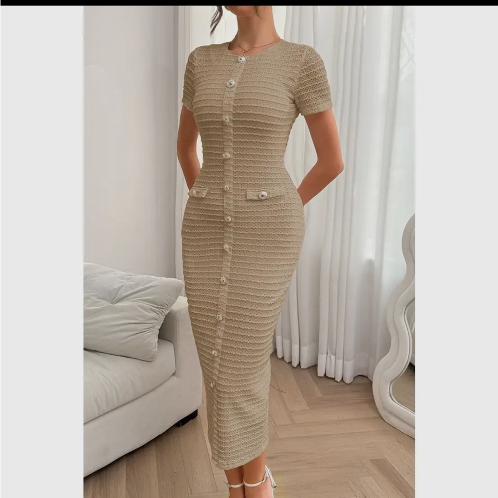 0971.  Elegant Midi Beige Knit Faux Button-Down Dress